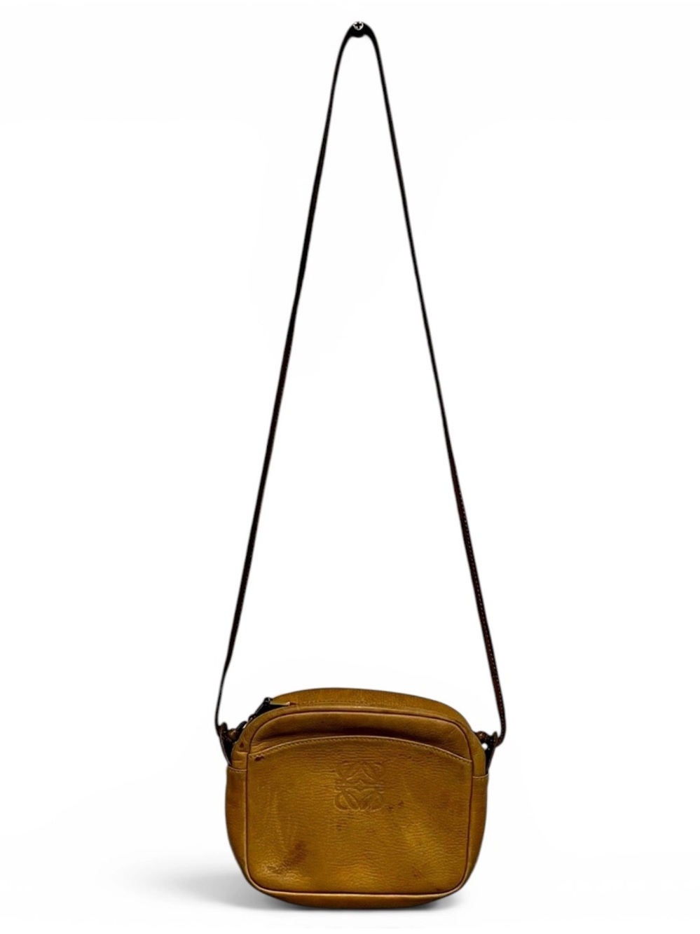 LOEWE Vintage Embossed Anagram Crossbody Camera Bag Honey Tan Leather VTG